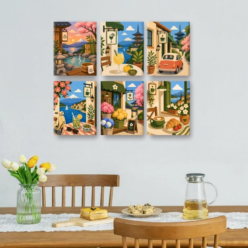 6 Mini Paintings | Japanse Cafés Set