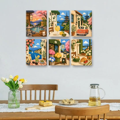 6 Mini Paintings | Japanse Cafés Set