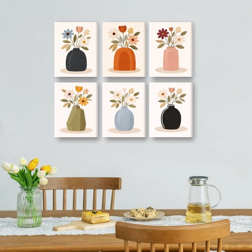 6 Mini Paintings | Kleurrijke Bloemenvazen Set