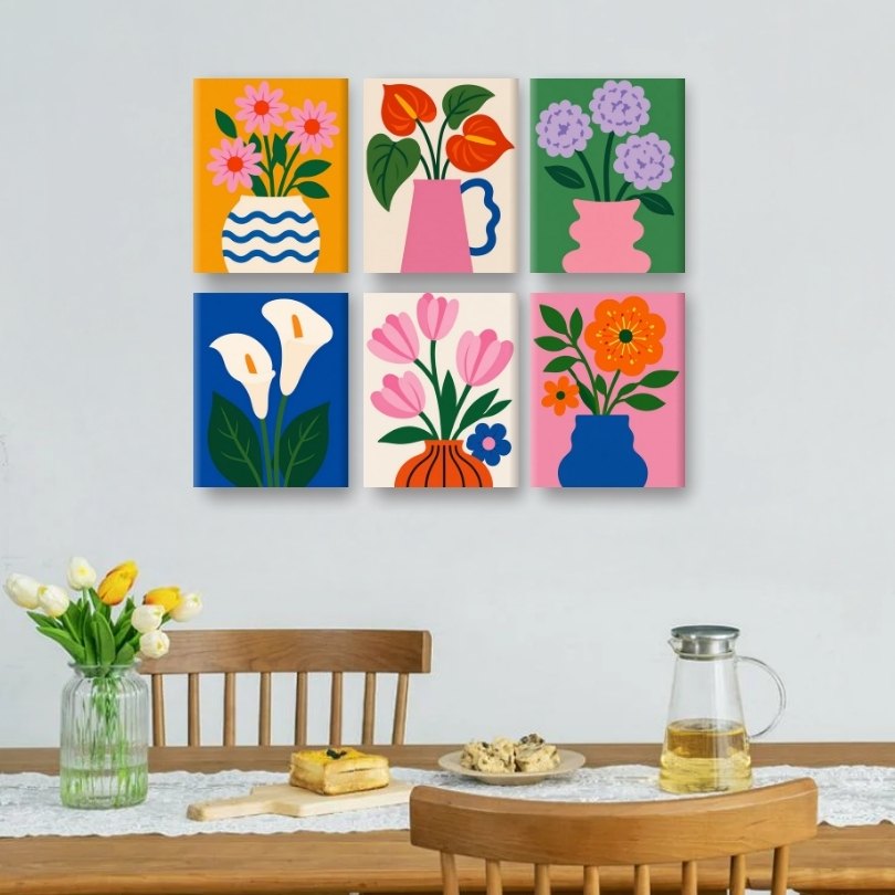 6 Mini Paintings | Moderne Bloemenvazen Set