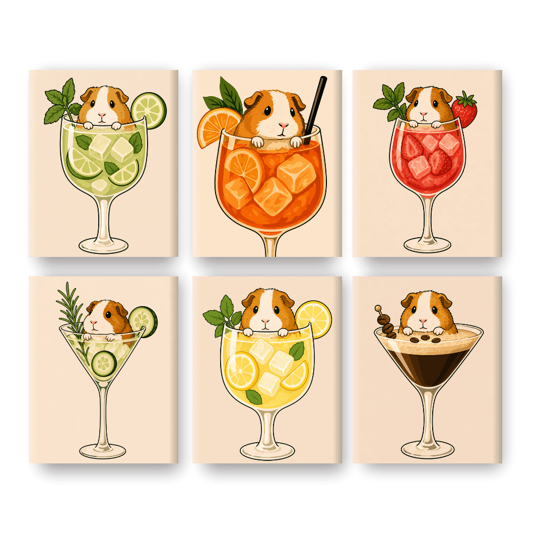 6 Mini Paintings | Cavia's in Cocktails Set- Schilderen op nummers
