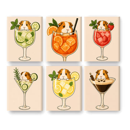 6 Mini Paintings | Cavia's in Cocktails Set- Schilderen op nummers