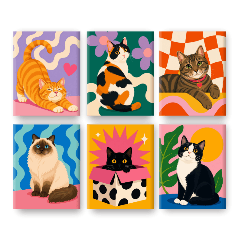 6 Mini Paintings | Katten Vrienden Set