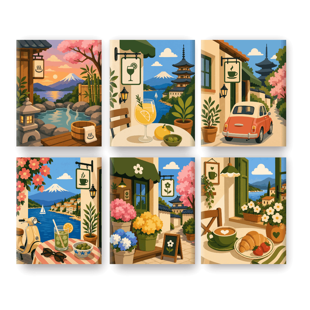 6 Mini Paintings | Japanse Cafés Set- Schilderen op nummers