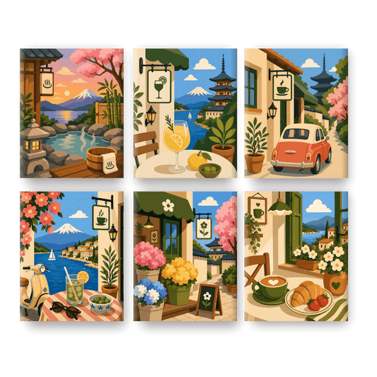 6 Mini Paintings | Japanse Cafés Set- Schilderen op nummers