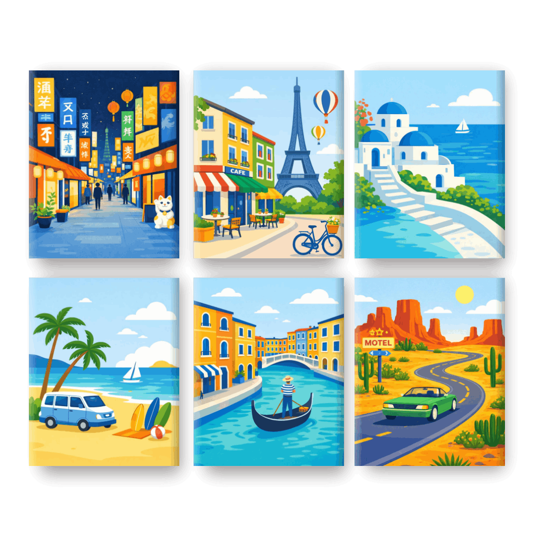 6 Mini Paintings | Reisdromen Set- Schilderen op nummers