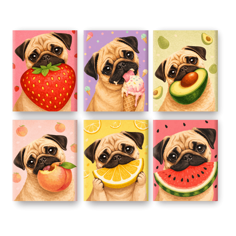 6 Mini Paintings | Hond & Fruit Set- Schilderen op nummers