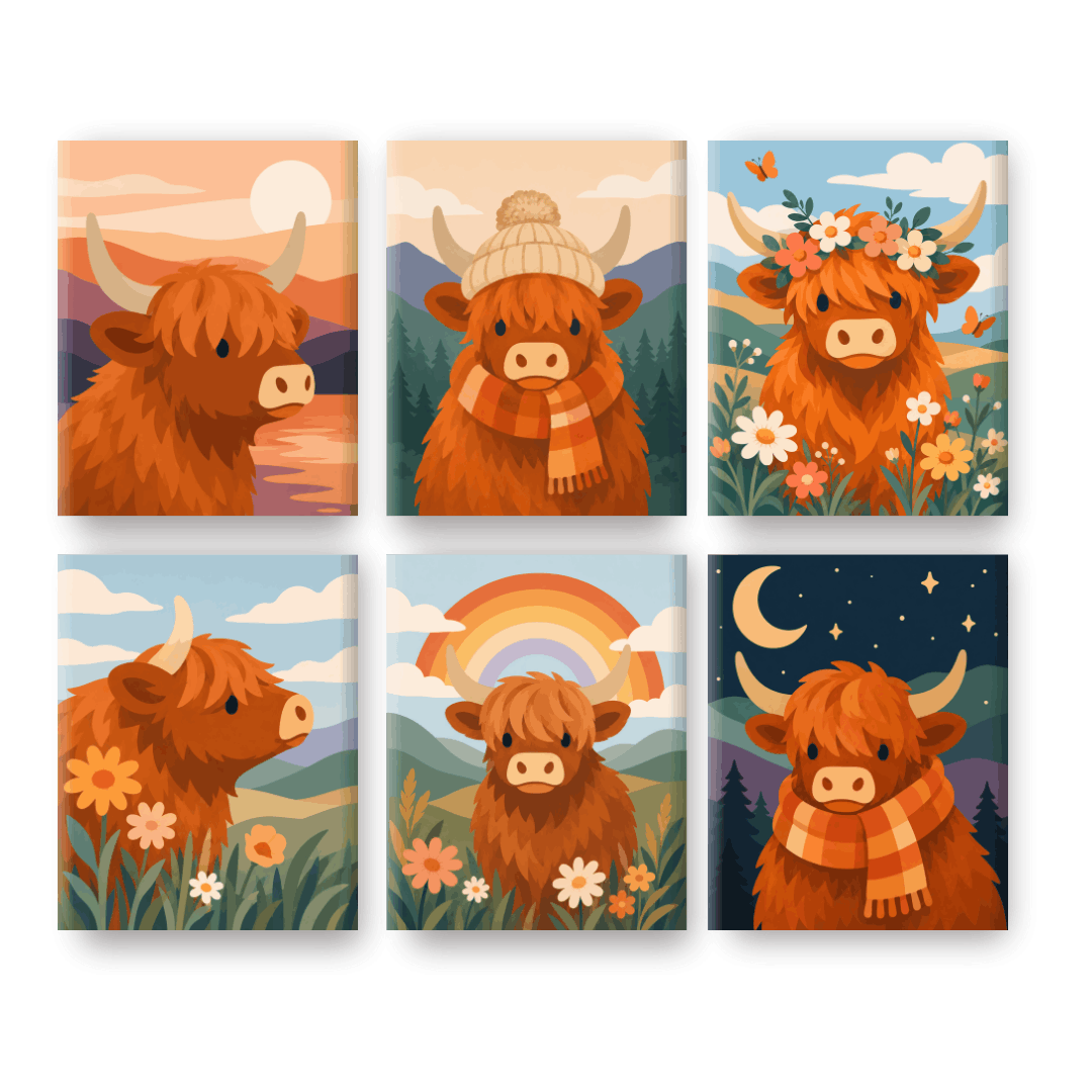 6 Mini Paintings | Highland Koeien Set - Schilder Op Nummers