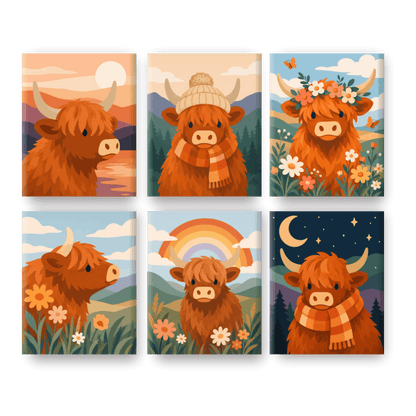 6 Mini Paintings | Highland Koeien Set - Schilder Op Nummers