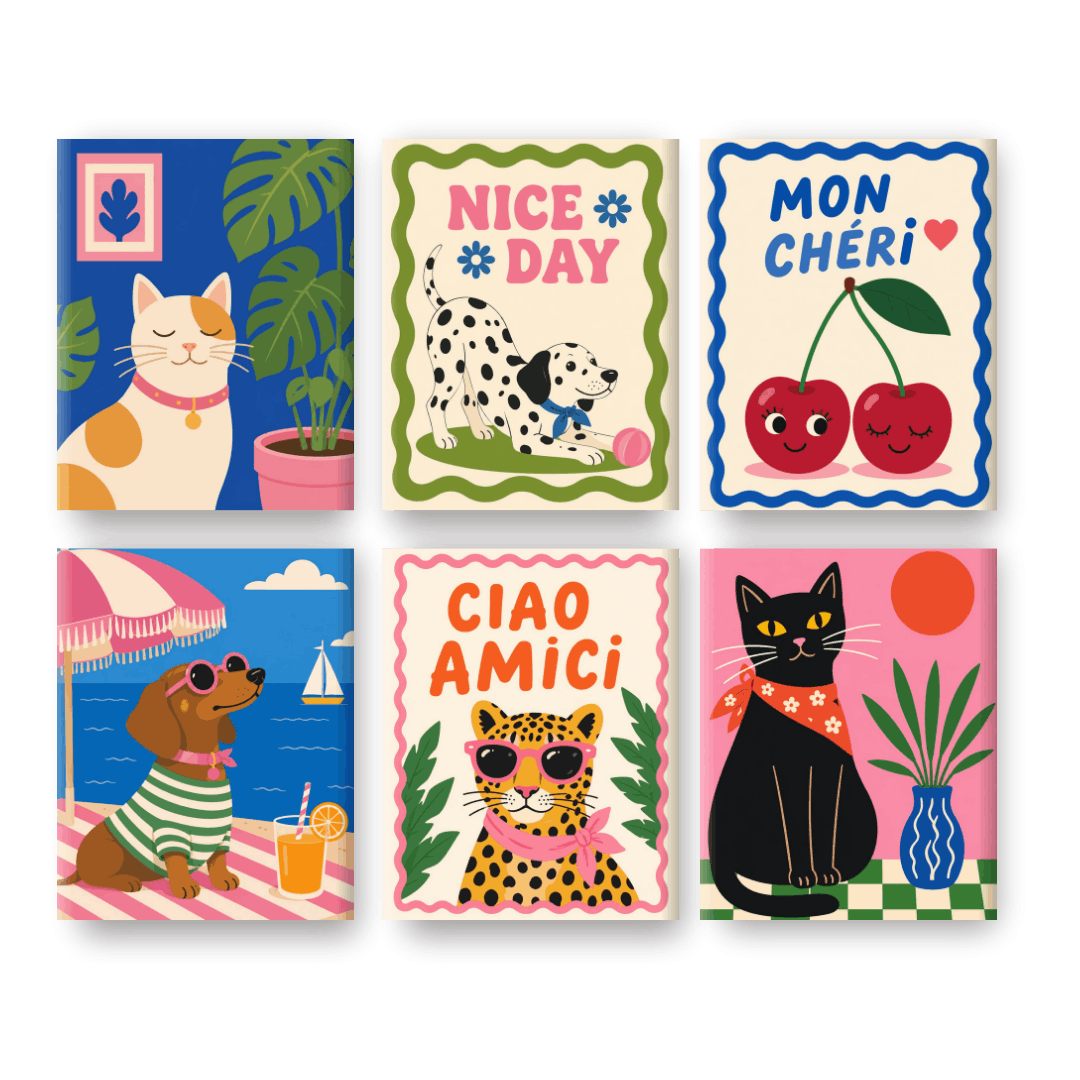 6 Mini Paintings | Chique Katten & Honden Set