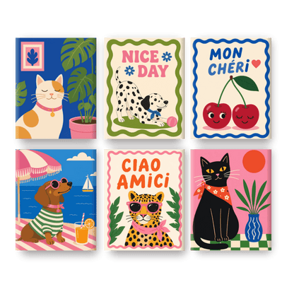 6 Mini Paintings | Chique Katten & Honden Set