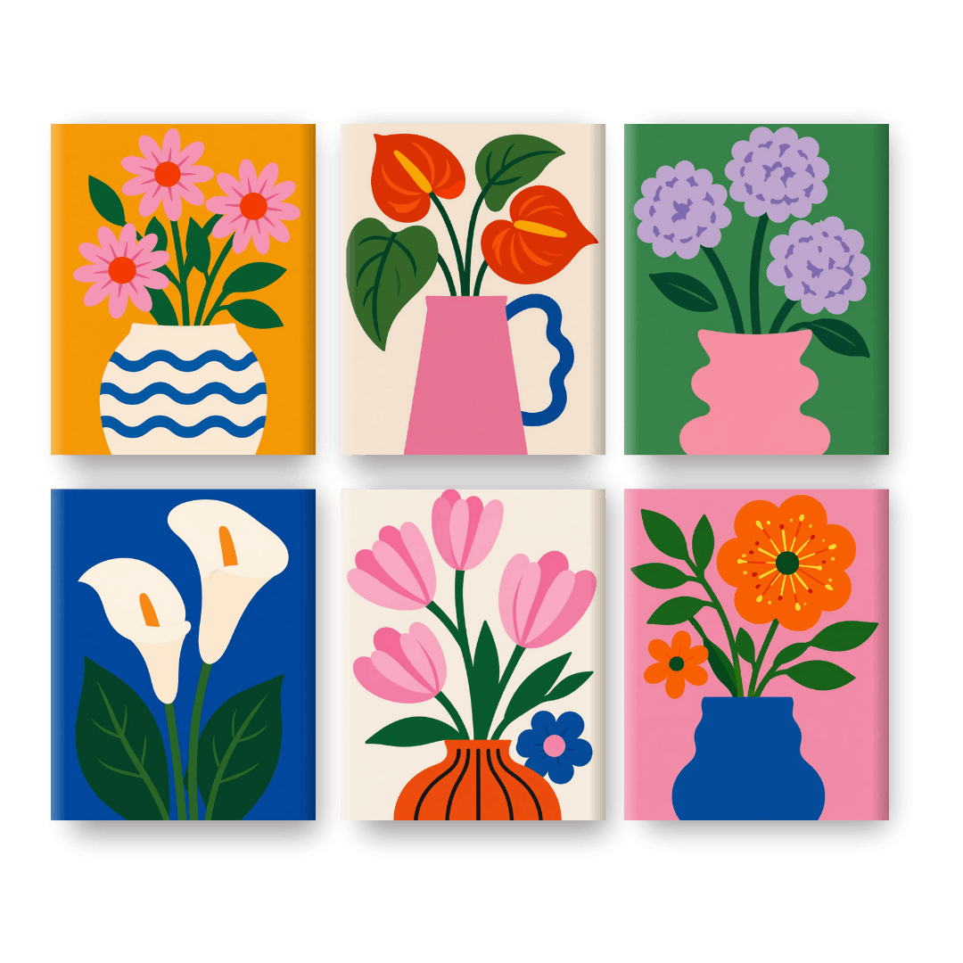 6 Mini Paintings | Moderne Bloemenvazen Set- Schilderen op nummers