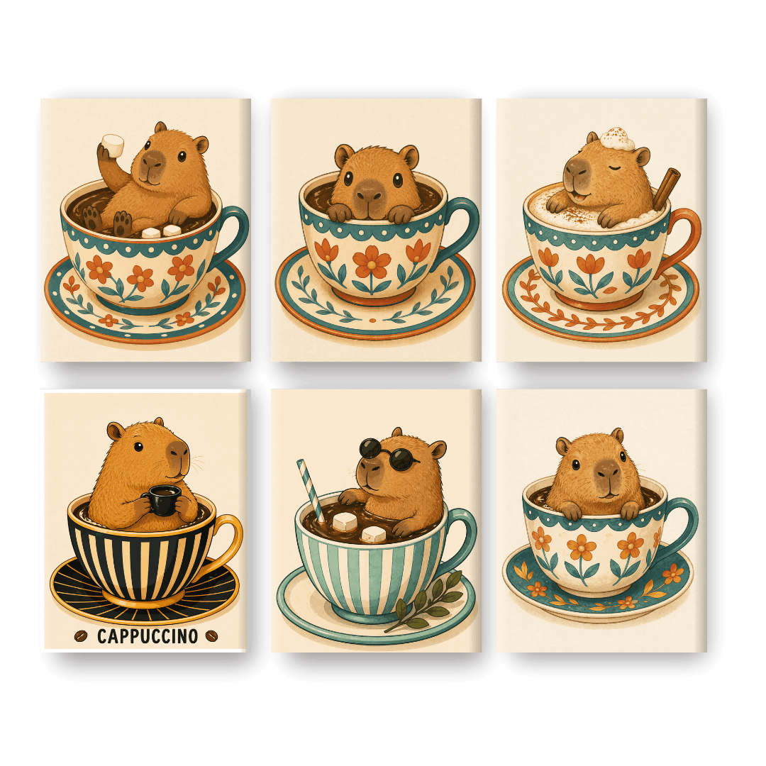 6 Mini Paintings | Capibara's in Kopjes Set- Schilderen op nummers