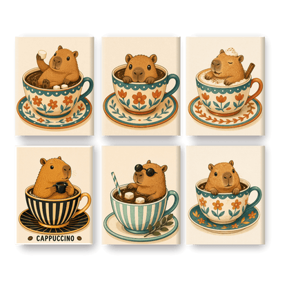 6 Mini Paintings | Capibara's in Kopjes Set- Schilderen op nummers