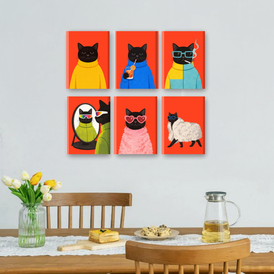 6 Mini Paintings | Elegante Zwarte Katten Set