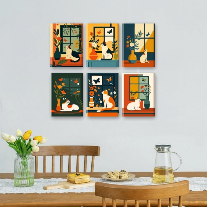 6 Mini Paintings | Katten Bij Het Raam Set