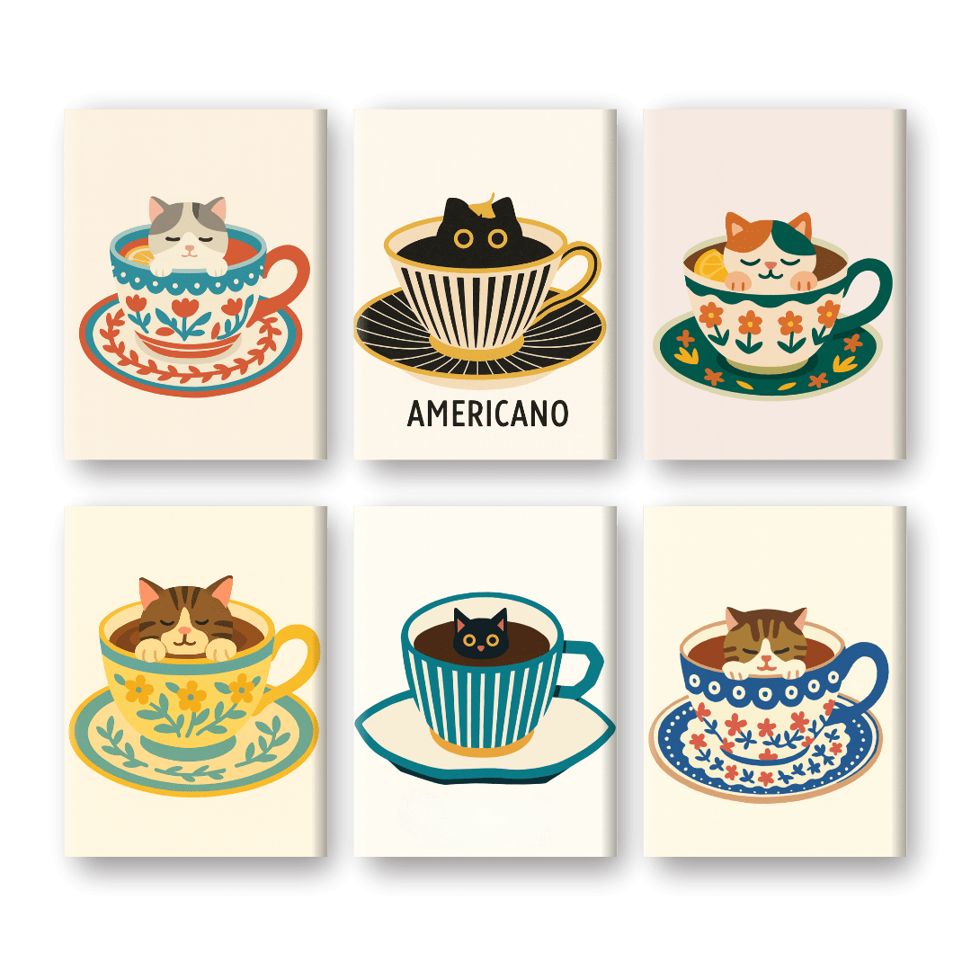 6 Mini Paintings | Katten in Koffiekopjes Set