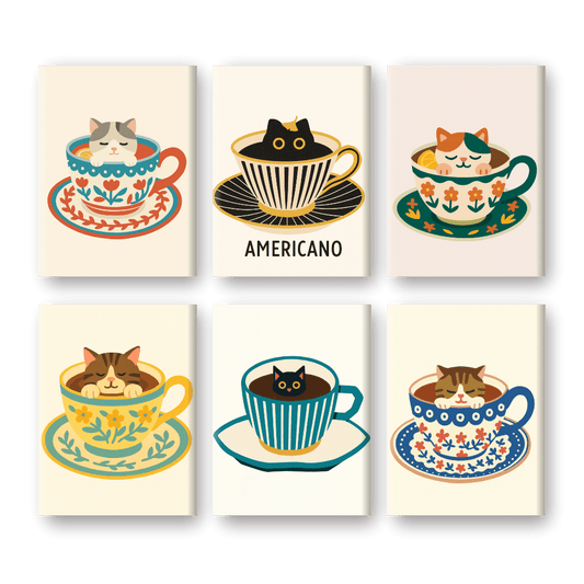 6 Mini Paintings | Katten in Koffiekopjes Set