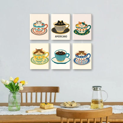 6 Mini Paintings | Katten in Koffiekopjes Set