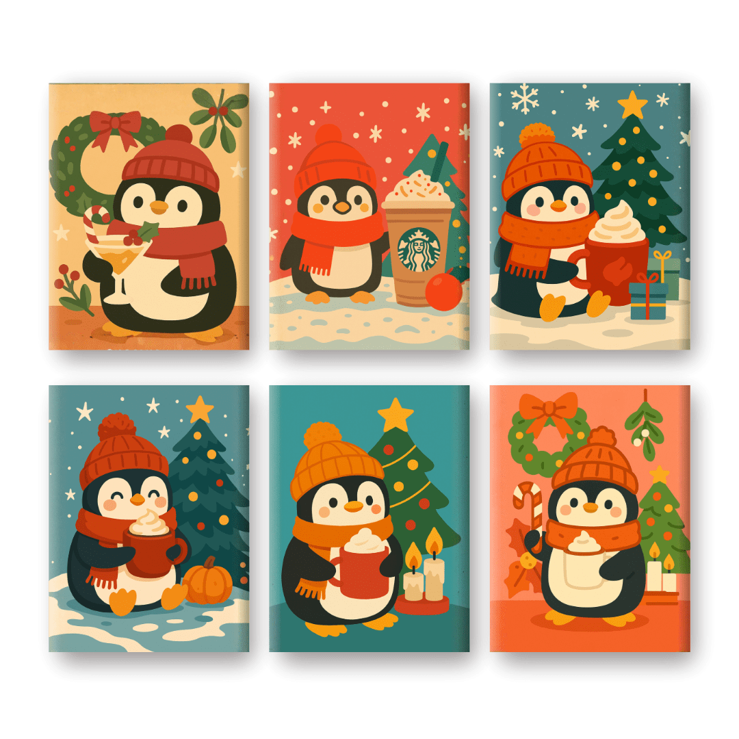 6 Mini Paintings | Kerst Pinguïn Set
