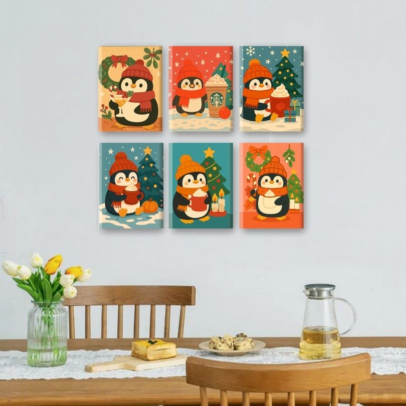6 Mini Paintings | Kerst Pinguïn Set