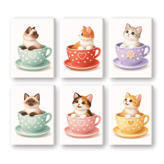 6 Mini Paintings | Schattige Katten in Kopjes Set- Schilderen op nummers
