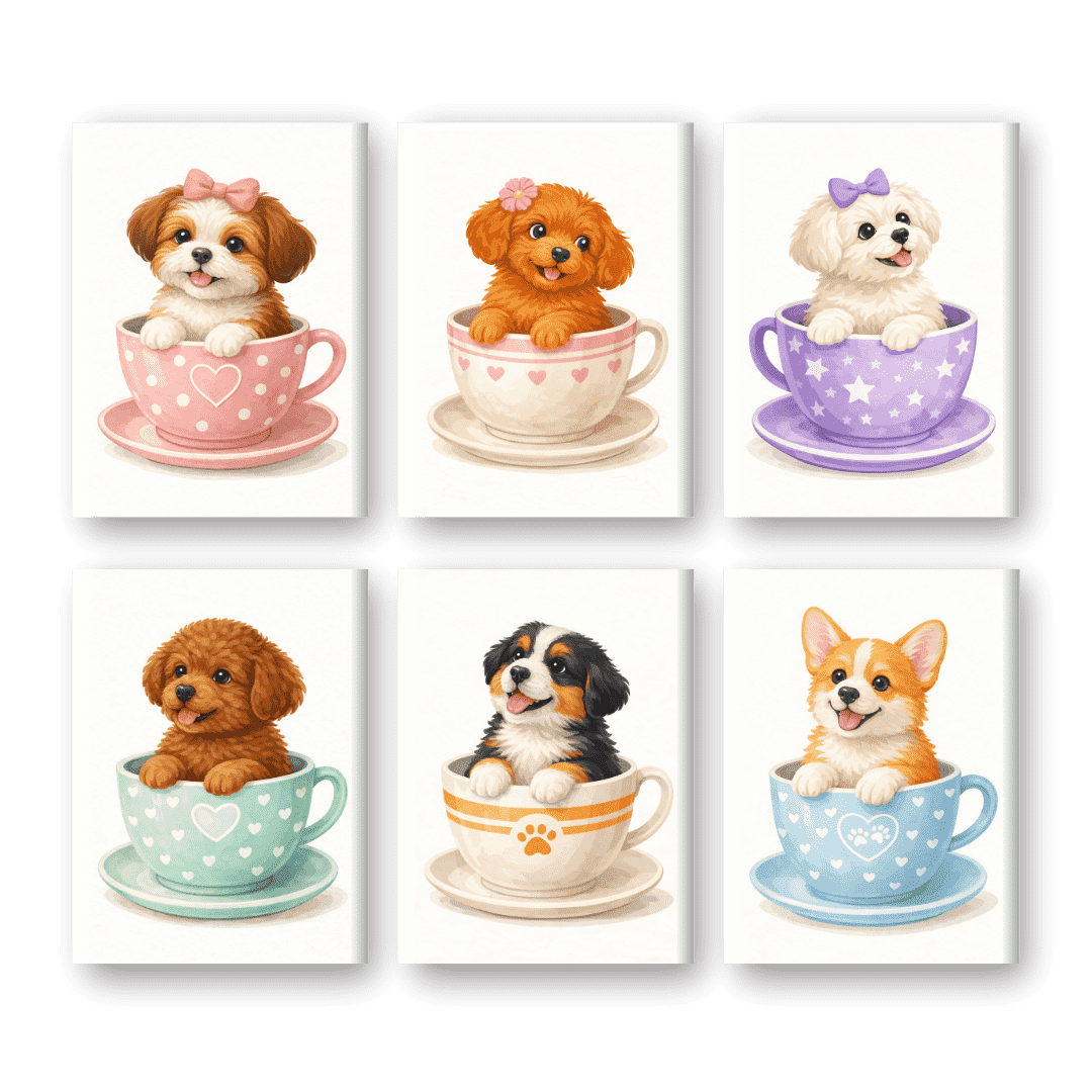 6 Mini Paintings | Schattige Honden in Kopjes Set- Schilderen op nummers
