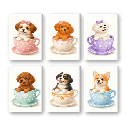 6 Mini Paintings | Schattige Honden in Kopjes Set- Schilderen op nummers