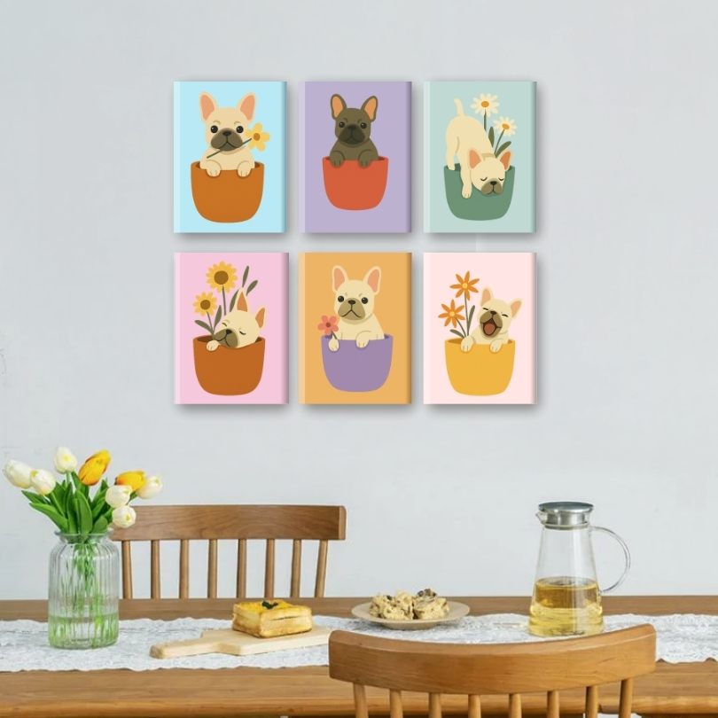 6 Mini Paintings | Honden & Bloemen Set