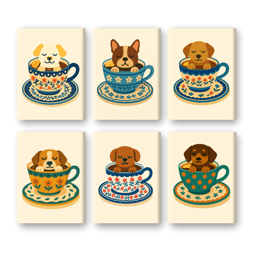 6 Mini Paintings | Honden in Koffiekopjes Set