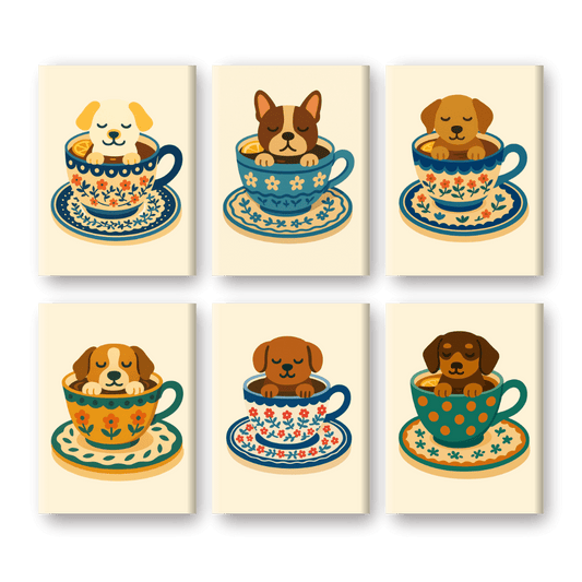6 Mini Paintings | Honden in Koffiekopjes Set