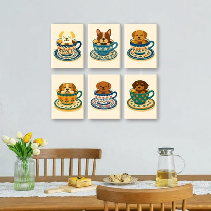 6 Mini Paintings | Honden in Koffiekopjes Set