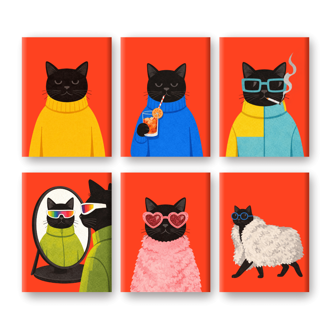 6 Mini Paintings | Elegante Zwarte Katten Set- Schilderen op nummers