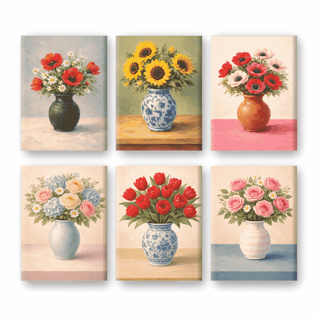 6 Mini Paintings | Bloemen in Vazen Set- Schilderen op nummers