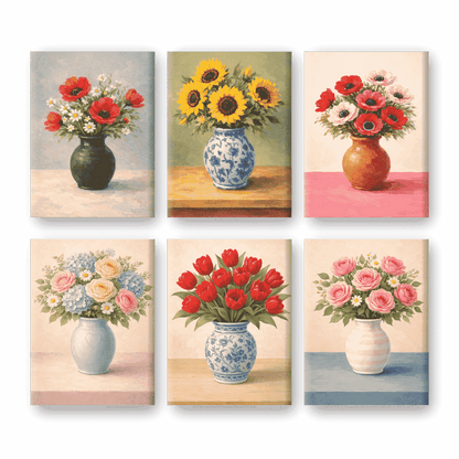 6 Mini Paintings | Bloemen in Vazen Set- Schilderen op nummers
