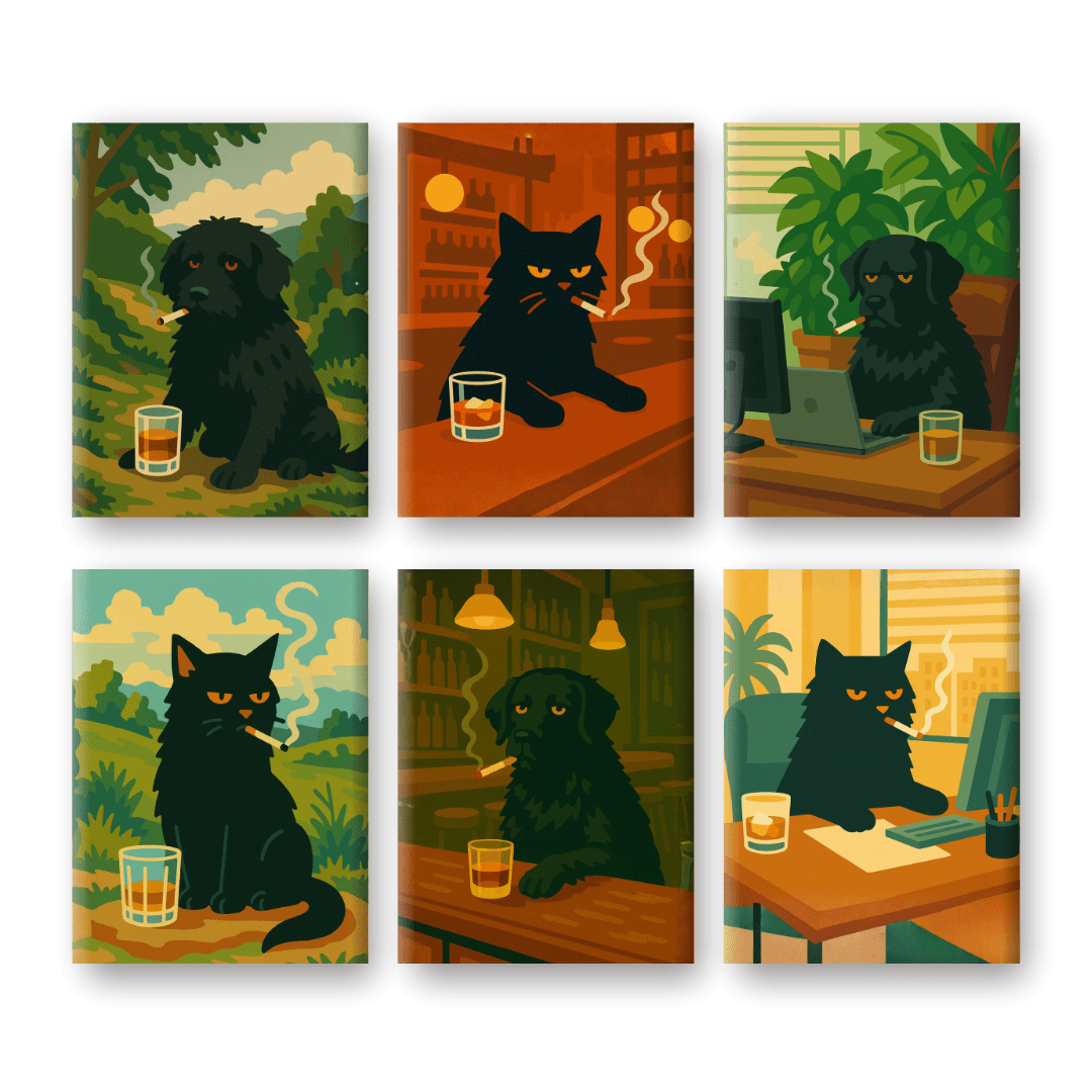 6 Mini Paintings | Chagrijnige Hond & Kat Set