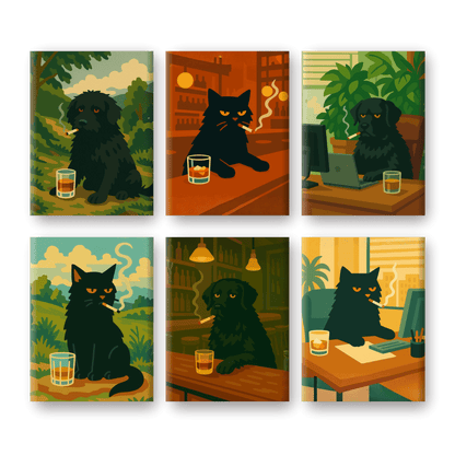6 Mini Paintings | Chagrijnige Hond & Kat Set