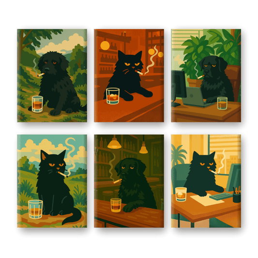 6 Mini Paintings | Chagrijnige Hond & Kat Set