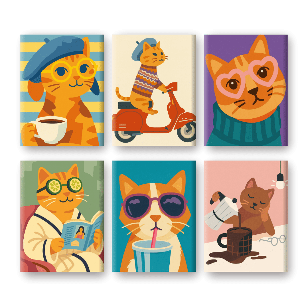 6 Mini Paintings | Grappige Katten Set- Schilderen op nummers
