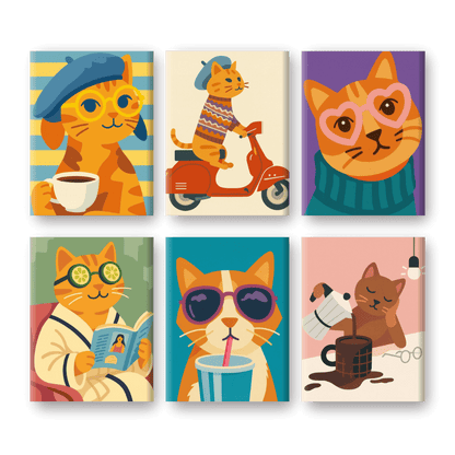 6 Mini Paintings | Grappige Katten Set- Schilderen op nummers