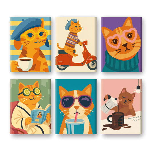 6 Mini Paintings | Grappige Katten Set- Schilderen op nummers