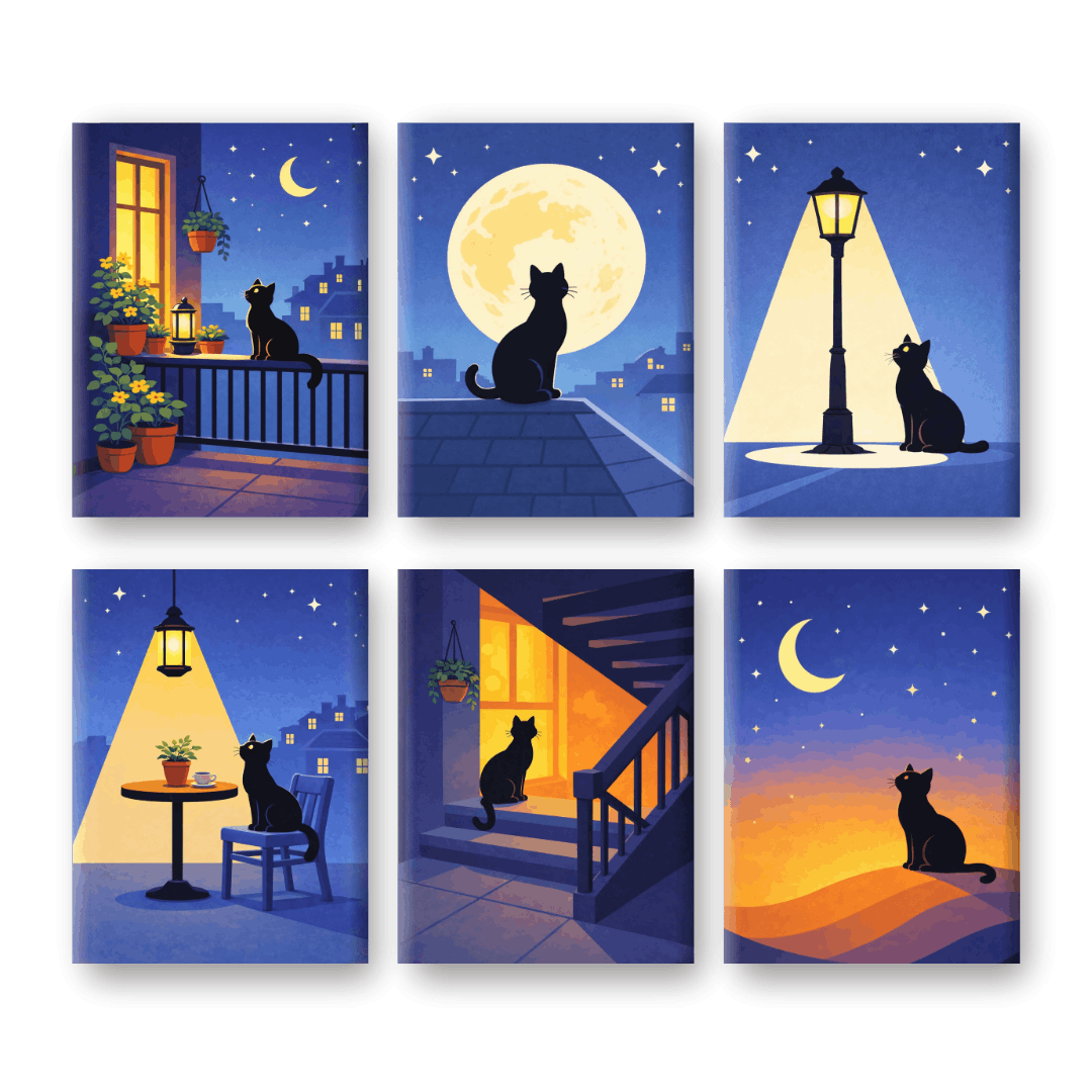 6 Mini Paintings | Middernacht Kat Set- Schilderen op nummers