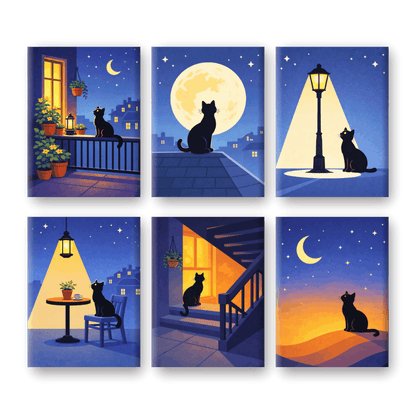 6 Mini Paintings | Middernacht Kat Set- Schilderen op nummers