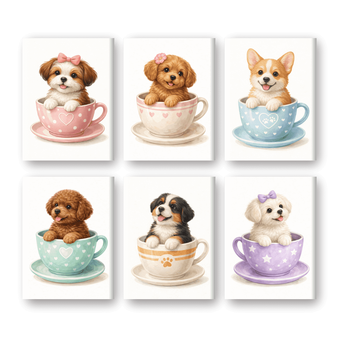 6 Mini Paintings | Puppy’s in Kopjes Set- Schilderen op nummers