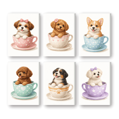 6 Mini Paintings | Puppy’s in Kopjes Set- Schilderen op nummers