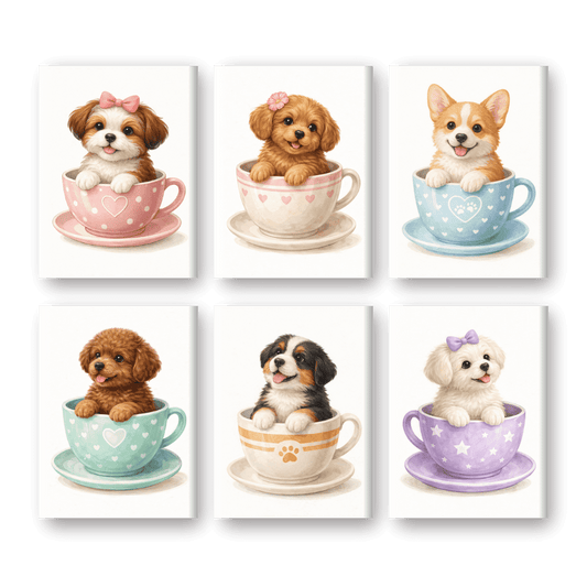 6 Mini Paintings | Puppy’s in Kopjes Set- Schilderen op nummers