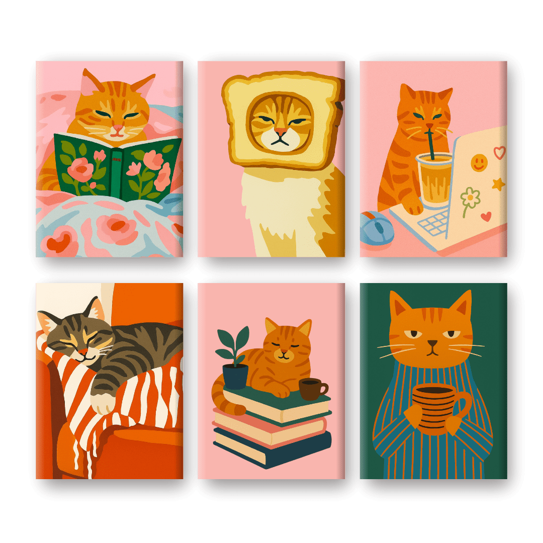 6 Mini Paintings | Vermoeide Katten Set