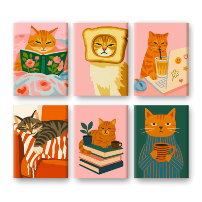 6 Mini Paintings | Vermoeide Katten Set