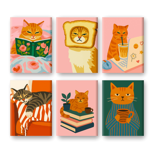 6 Mini Paintings | Vermoeide Katten Set