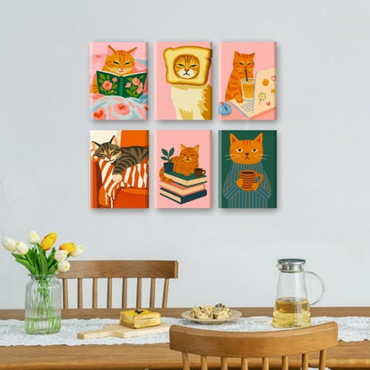 6 Mini Paintings | Vermoeide Katten Set